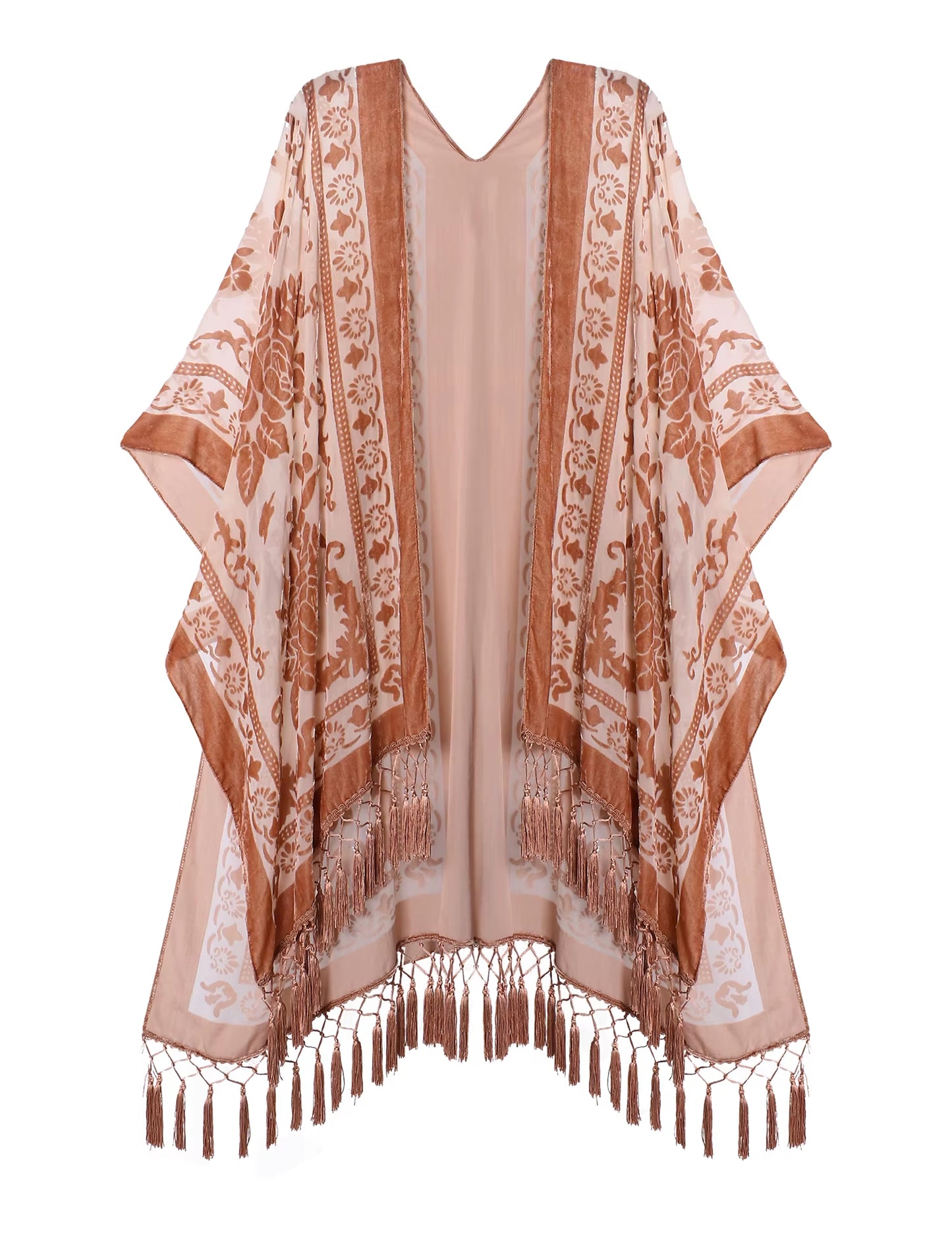 Burnout Velvet Kimono for Women Luxury Fashion Long Cardigan with Tassel Beach Cover-Up Holiday Cardigan Shawl