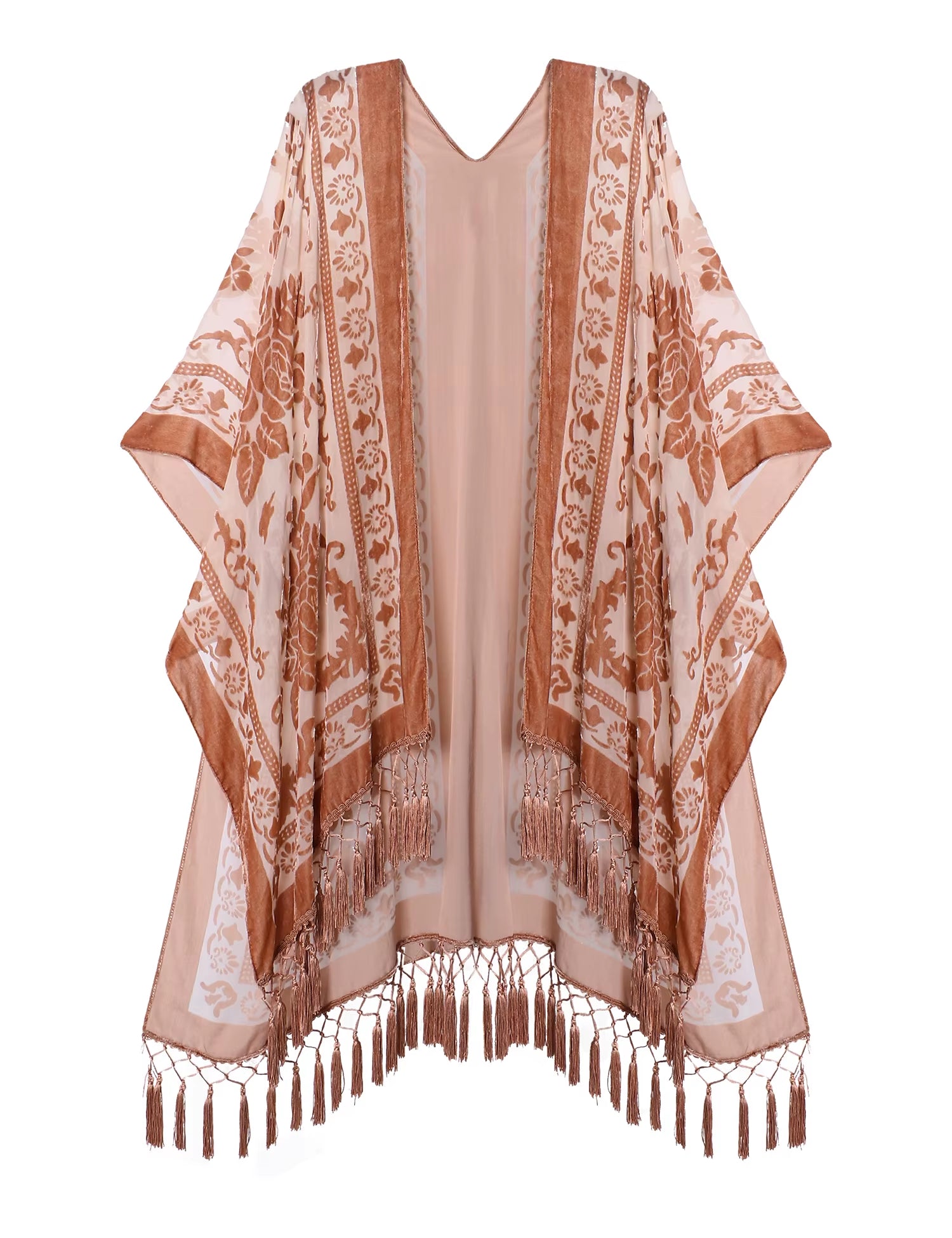Burnout Velvet Kimono for Women Luxury Fashion Long Cardigan with Tassel Beach Cover-Up Holiday Cardigan Shawl