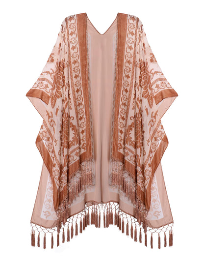 Burnout Velvet Kimono for Women Luxury Fashion Long Cardigan with Tassel Beach Cover-Up Holiday Cardigan Shawl