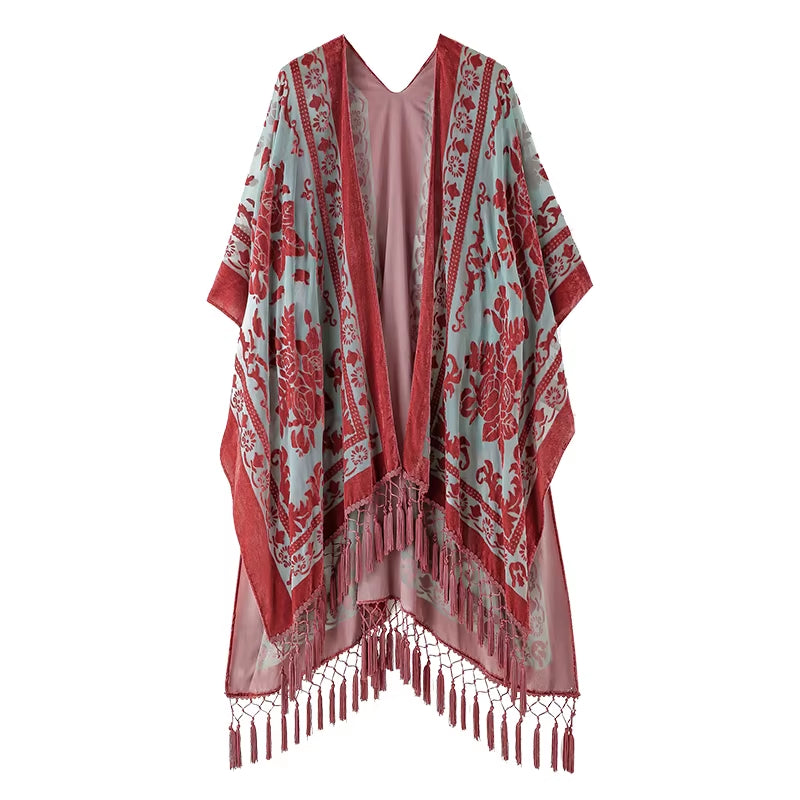 Burnout Velvet Kimono for Women Luxury Fashion Long Cardigan with Tassel Beach Cover-Up Holiday Cardigan Shawl