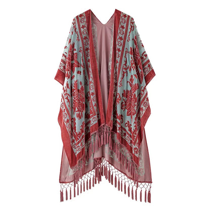 Burnout Velvet Kimono for Women Luxury Fashion Long Cardigan with Tassel Beach Cover-Up Holiday Cardigan Shawl