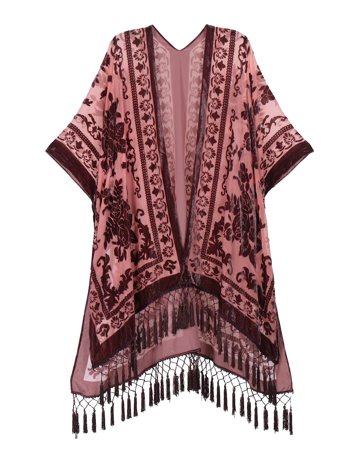 Burnout Velvet Kimono for Women Luxury Fashion Long Cardigan with Tassel Beach Cover-Up Holiday Cardigan Shawl