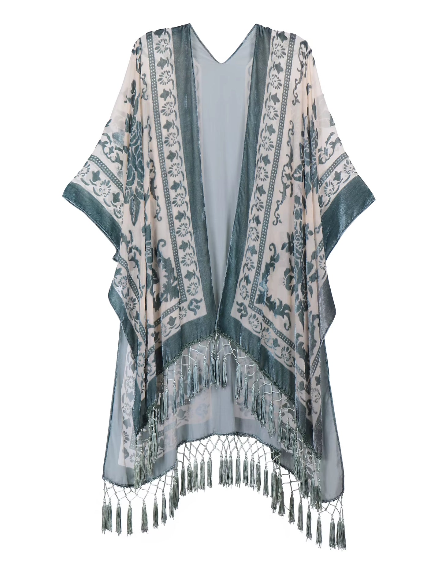 Burnout Velvet Kimono for Women Luxury Fashion Long Cardigan with Tassel Beach Cover-Up Holiday Cardigan Shawl