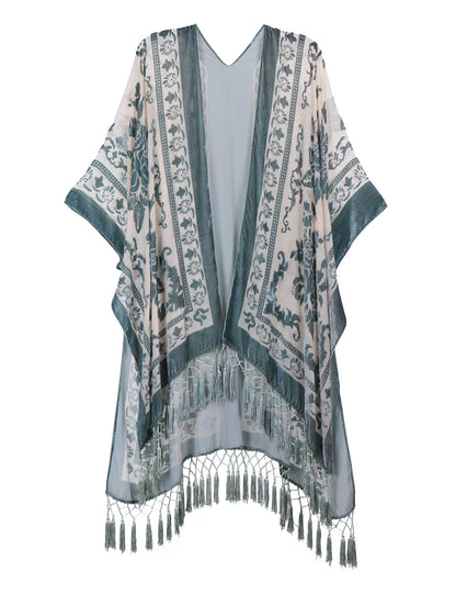 Burnout Velvet Kimono for Women Luxury Fashion Long Cardigan with Tassel Beach Cover-Up Holiday Cardigan Shawl