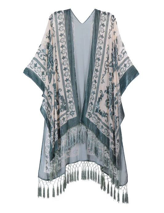 Burnout Velvet Kimono for Women Luxury Fashion Long Cardigan with Tassel Beach Cover-Up Holiday Cardigan Shawl