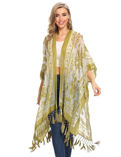 Burnout Velvet Kimono for Women Luxury Fashion Long Cardigan with Tassel Beach Cover-Up Holiday Cardigan Shawl