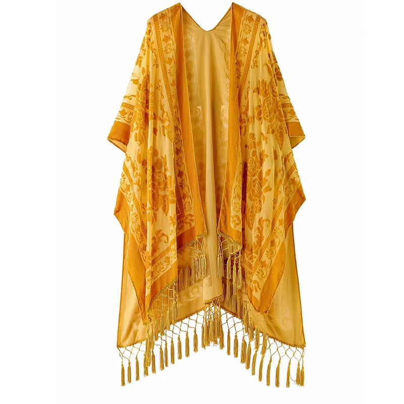 Burnout Velvet Kimono for Women Luxury Fashion Long Cardigan with Tassel Beach Cover-Up Holiday Cardigan Shawl