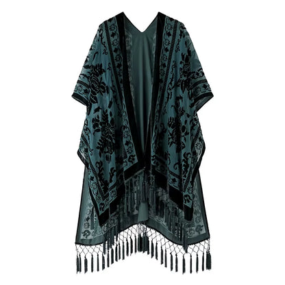 Burnout Velvet Kimono for Women Luxury Fashion Long Cardigan with Tassel Beach Cover-Up Holiday Cardigan Shawl