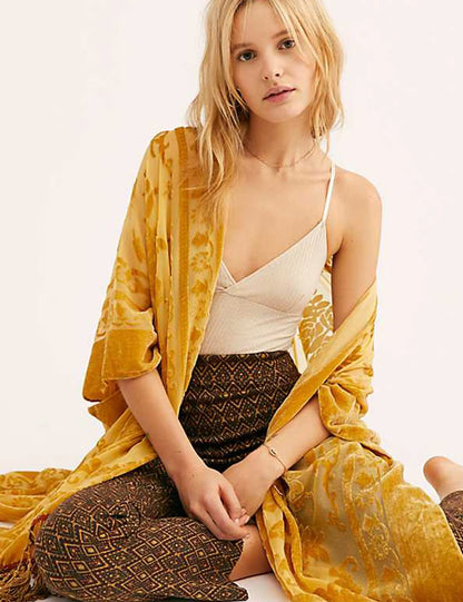 Burnout Velvet Kimono for Women Luxury Fashion Long Cardigan with Tassel Beach Cover-Up Holiday Cardigan Shawl