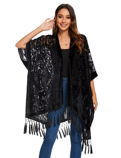 Burnout Velvet Kimono for Women Luxury Fashion Long Cardigan with Tassel Beach Cover-Up Holiday Cardigan Shawl