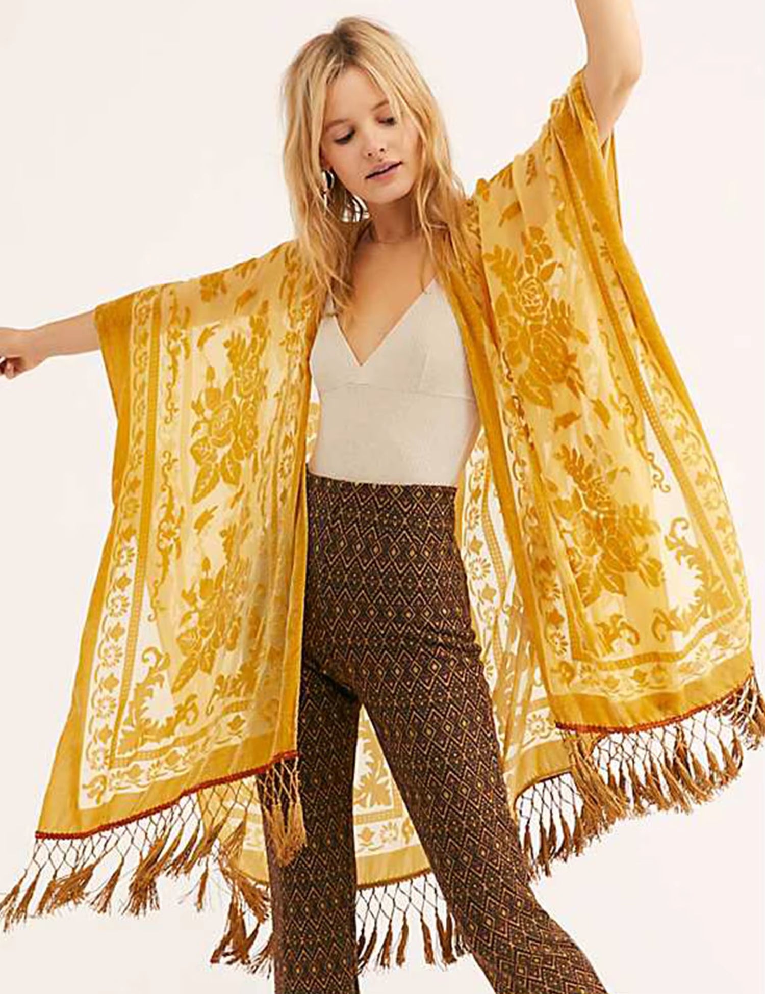 Burnout Velvet Kimono for Women Luxury Fashion Long Cardigan with Tassel Beach Cover-Up Holiday Cardigan Shawl