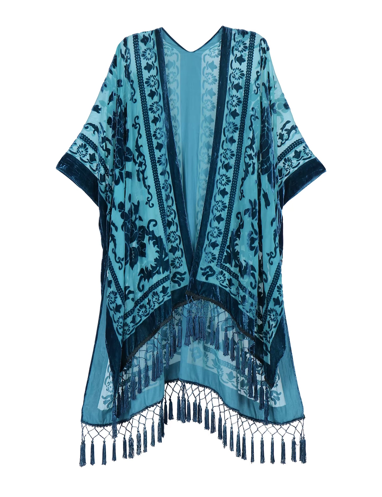 Burnout Velvet Kimono for Women Luxury Fashion Long Cardigan with Tassel Beach Cover-Up Holiday Cardigan Shawl