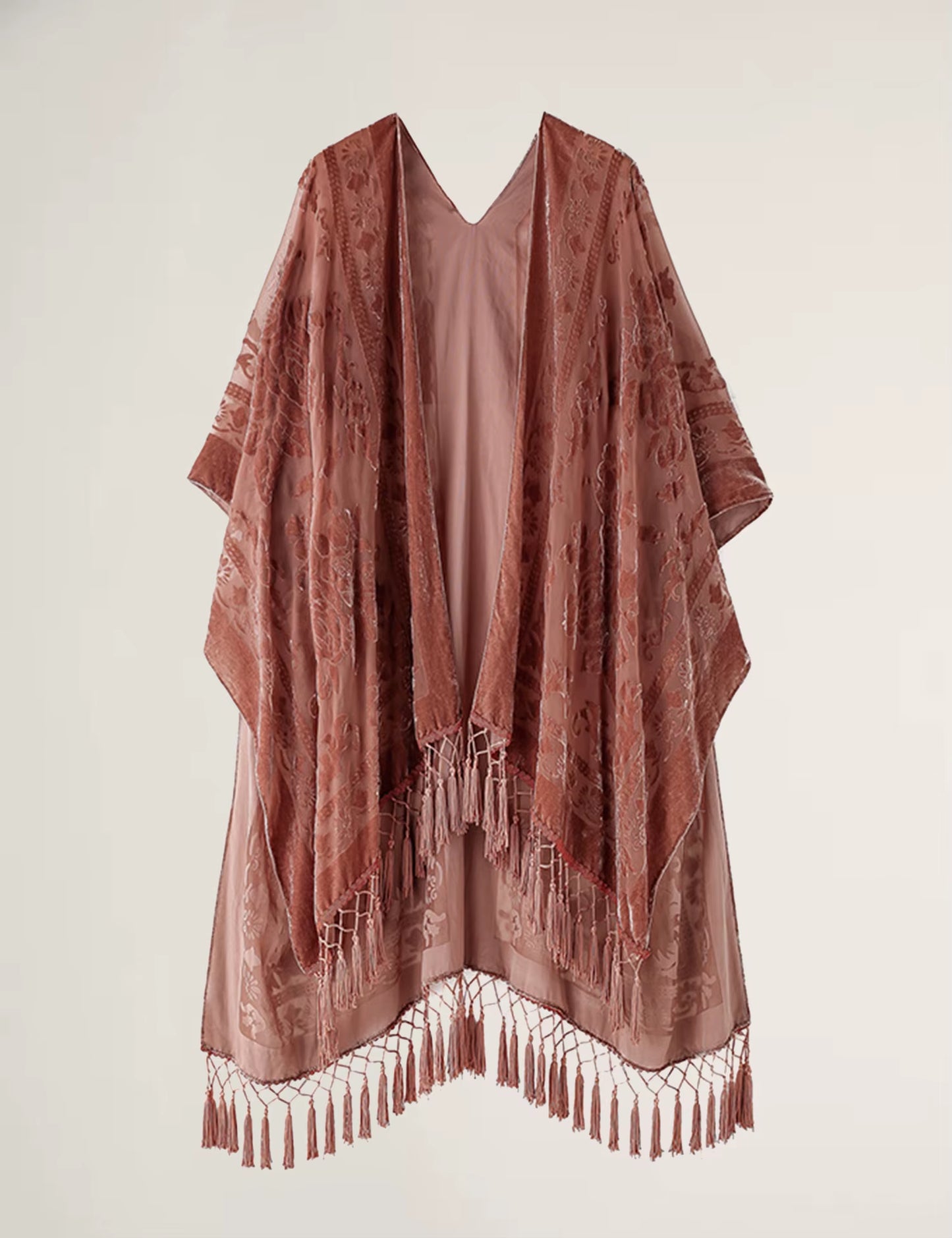 Burnout Velvet Kimono for Women Luxury Fashion Long Cardigan with Tassel Beach Cover-Up Holiday Cardigan Shawl