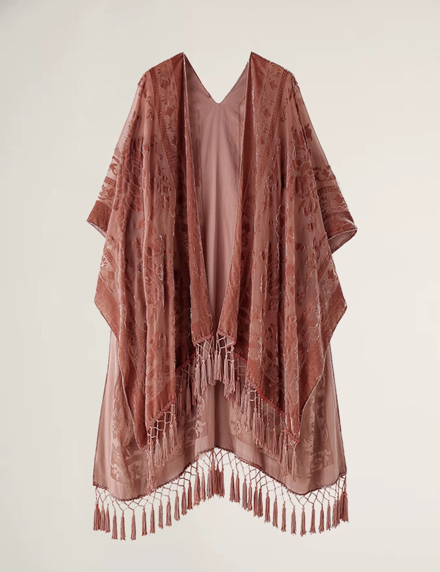 Burnout Velvet Kimono for Women Luxury Fashion Long Cardigan with Tassel Beach Cover-Up Holiday Cardigan Shawl