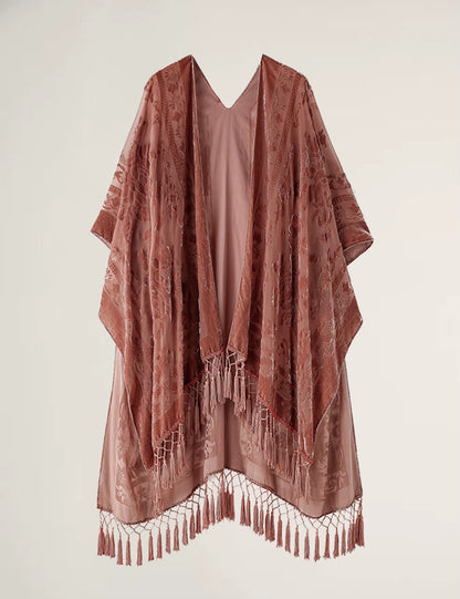 Burnout Velvet Kimono for Women Luxury Fashion Long Cardigan with Tassel Beach Cover-Up Holiday Cardigan Shawl
