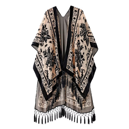Burnout Velvet Kimono for Women Luxury Fashion Long Cardigan with Tassel Beach Cover-Up Holiday Cardigan Shawl