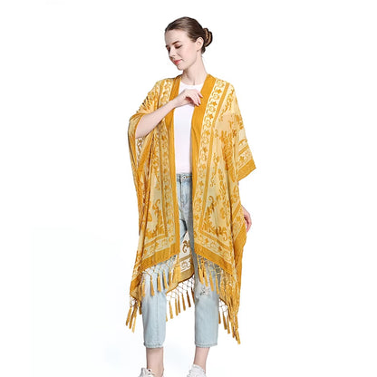 Burnout Velvet Kimono for Women Luxury Fashion Long Cardigan with Tassel Beach Cover-Up Holiday Cardigan Shawl